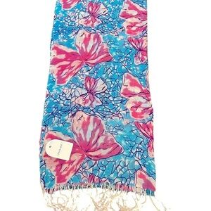 NWT PASSAGE Lightweight Wool Oblong Floral Scarf, Pink & Aqua on White, 27x70”